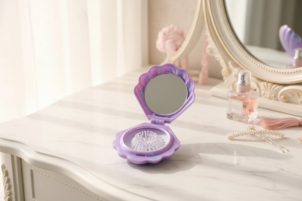 Portable Folding Shell Comb and compact mirror.