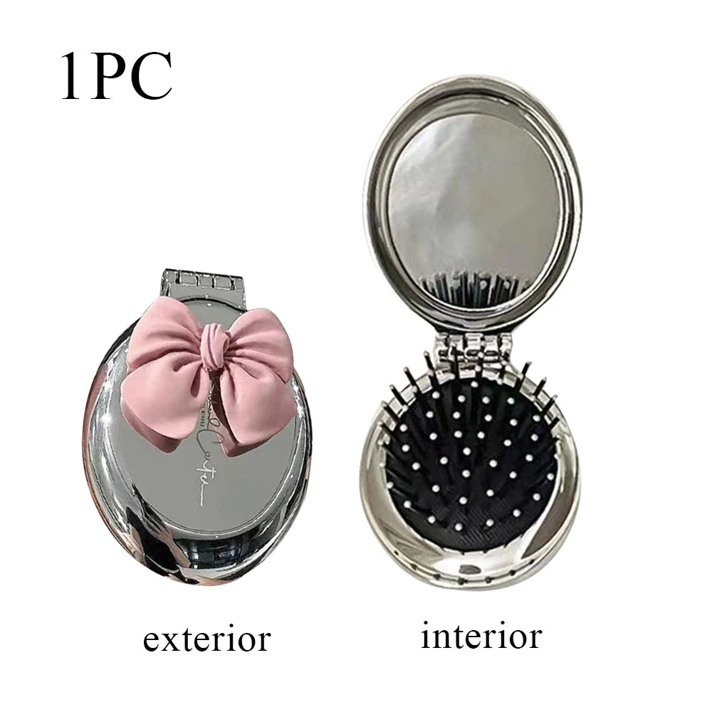 Folding hair brush compact mirror