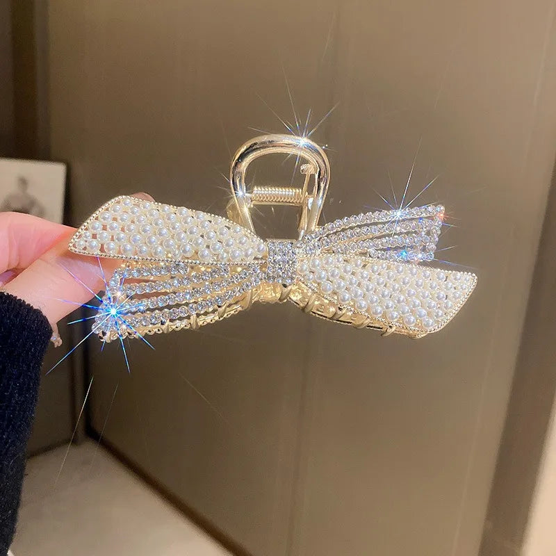 Women's Hair Claw Clip  Pearl Rhinestone Bow Shiny Metal For Girls ladies very pretty