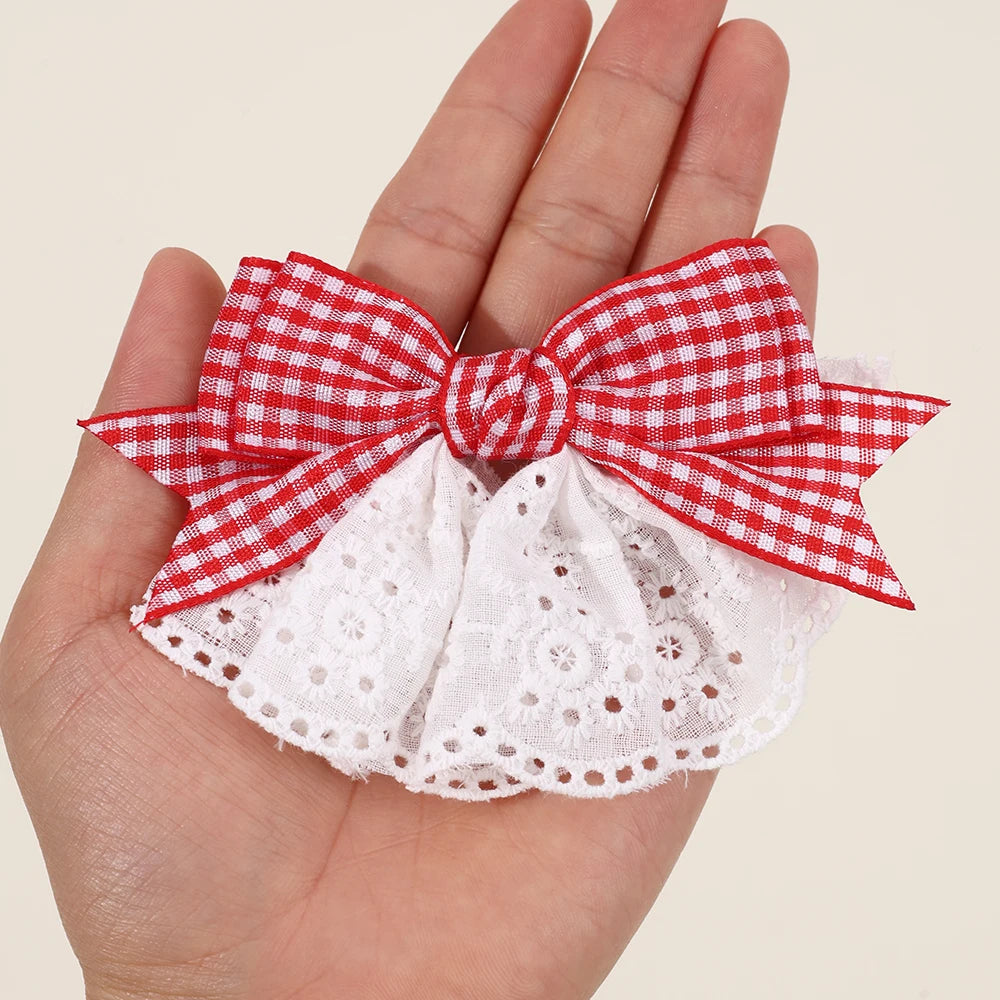 2Pcs New Korean Red Plaid Bow Hair Clips For Girls Cute White Lace Flower Hairpins Sweet Daily Trendy Headwear Hair Accessories