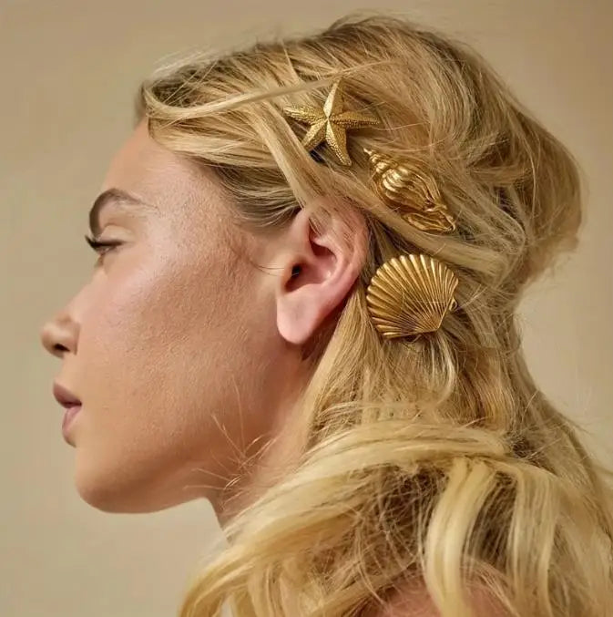 New Fashionable Europe and America Golden Starfish Shell Duckbill Hair Clip for Women Elastic Girl Hair Accessories Headwear cruise holiday beach party