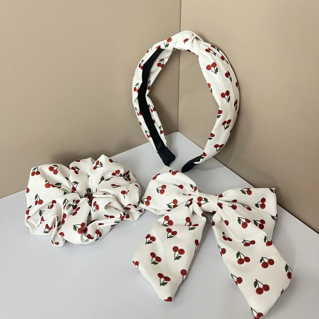 3PCS Fabric Solid Color Flower Fruit Pattern Lemon Orange Cherry Wide Knot Hairband Hair Accessories Set