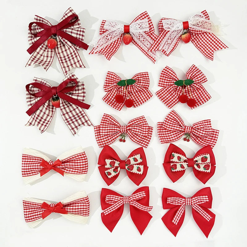Red Bow Hair Clips Fashion Plaid Stripes Hairpins Strawberry Cherry Barrettes Sweet Lace Headwear Princess Kids Hair Accessories