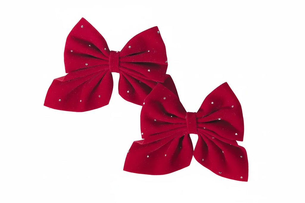 2PCS/Set Girl's Favorite Cute Bow Hair Clip Diamond Embellished Velvet Solid Color Bow Alloy Safe Hair Accessory Kids Gift