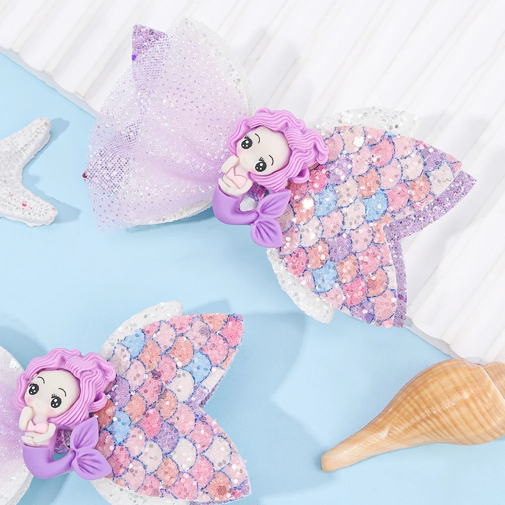 2Pcs Cartoon Mermaid Hair Clips Glitter Bow Hairpin Sparkly Barrette For Girls Children Summer Beach Headdress Hair Accessories