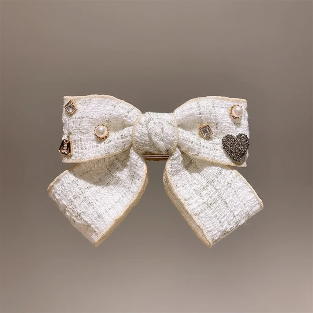 Elegant Plaid Cloth Hairpins Adult Crystal Heart Pearl Luxury Fabric Bow Hair Clip Pin for Girls Women Hair Jewelry Headpiece party’s holidays tweed