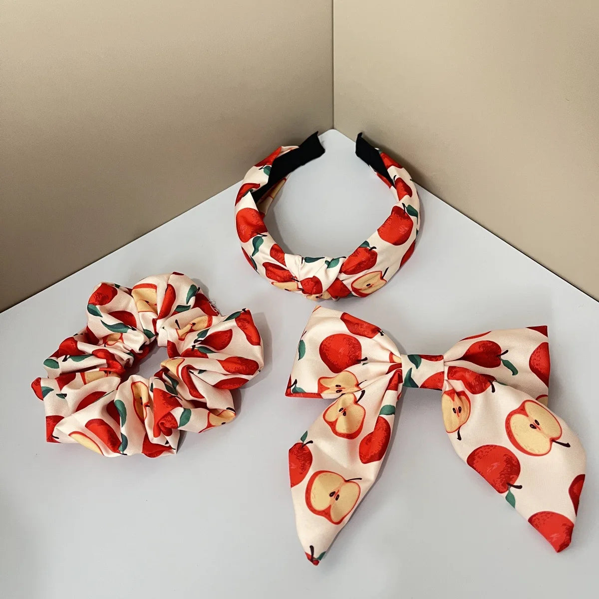 3PCS Fabric Solid Color Flower Fruit Pattern Lemon Orange Cherry Wide Knot Hairband Hair Accessories Set