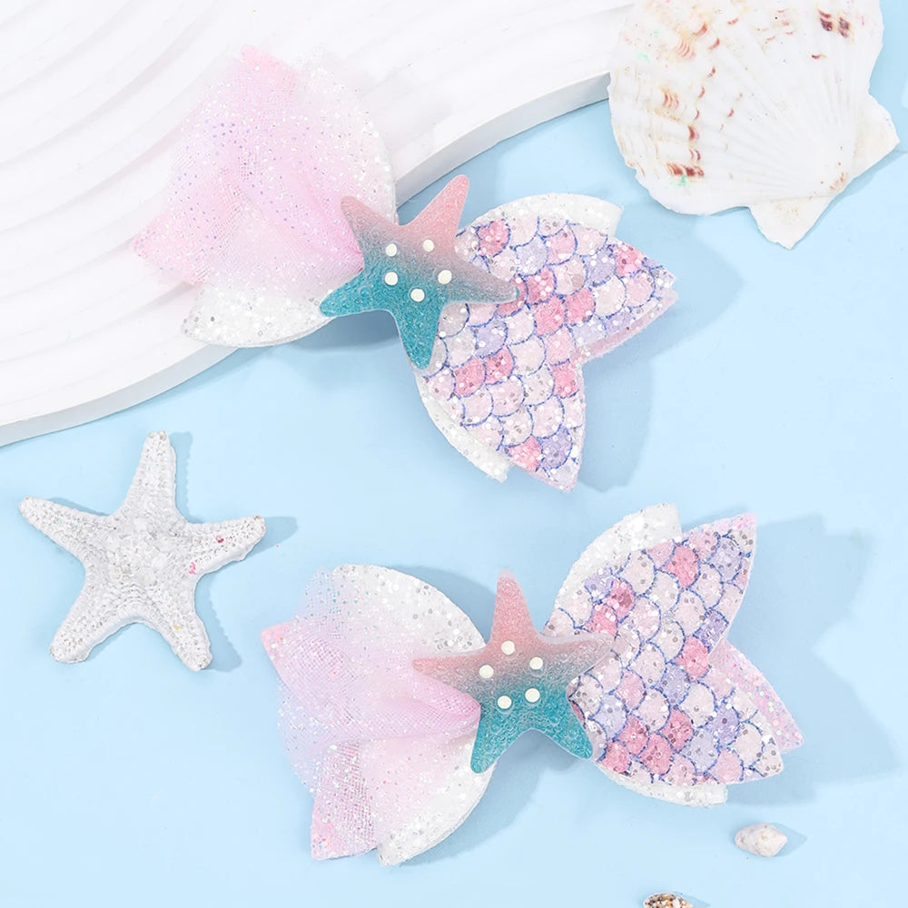 2Pcs Cartoon Mermaid Hair Clips Glitter Bow Hairpin Sparkly Barrette For Girls Children Summer Beach Headdress Hair Accessories