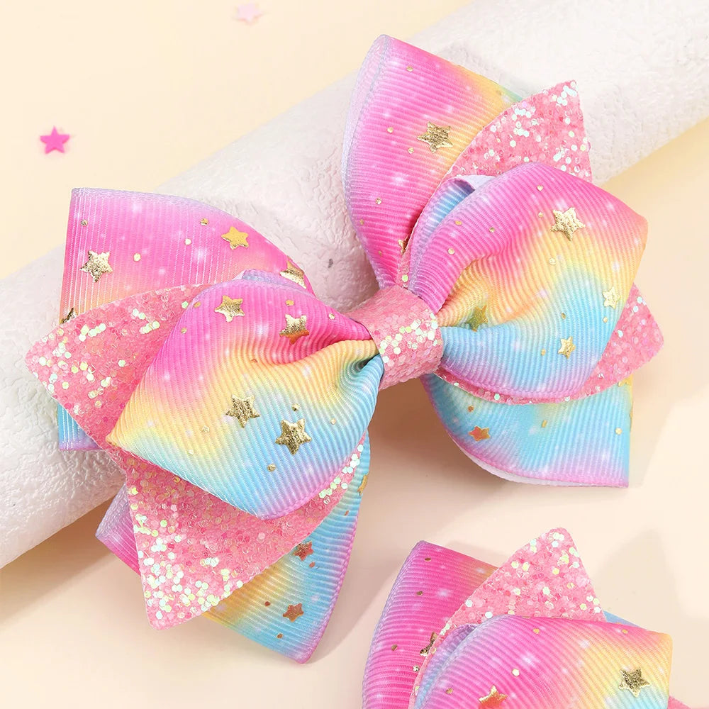 2Pcs Rainbow Star Hair Clips Sweet Glitter Sequin Hairpins New Ribbon Barrette For Girls Children Headwear Hair Accessories Gift party girls