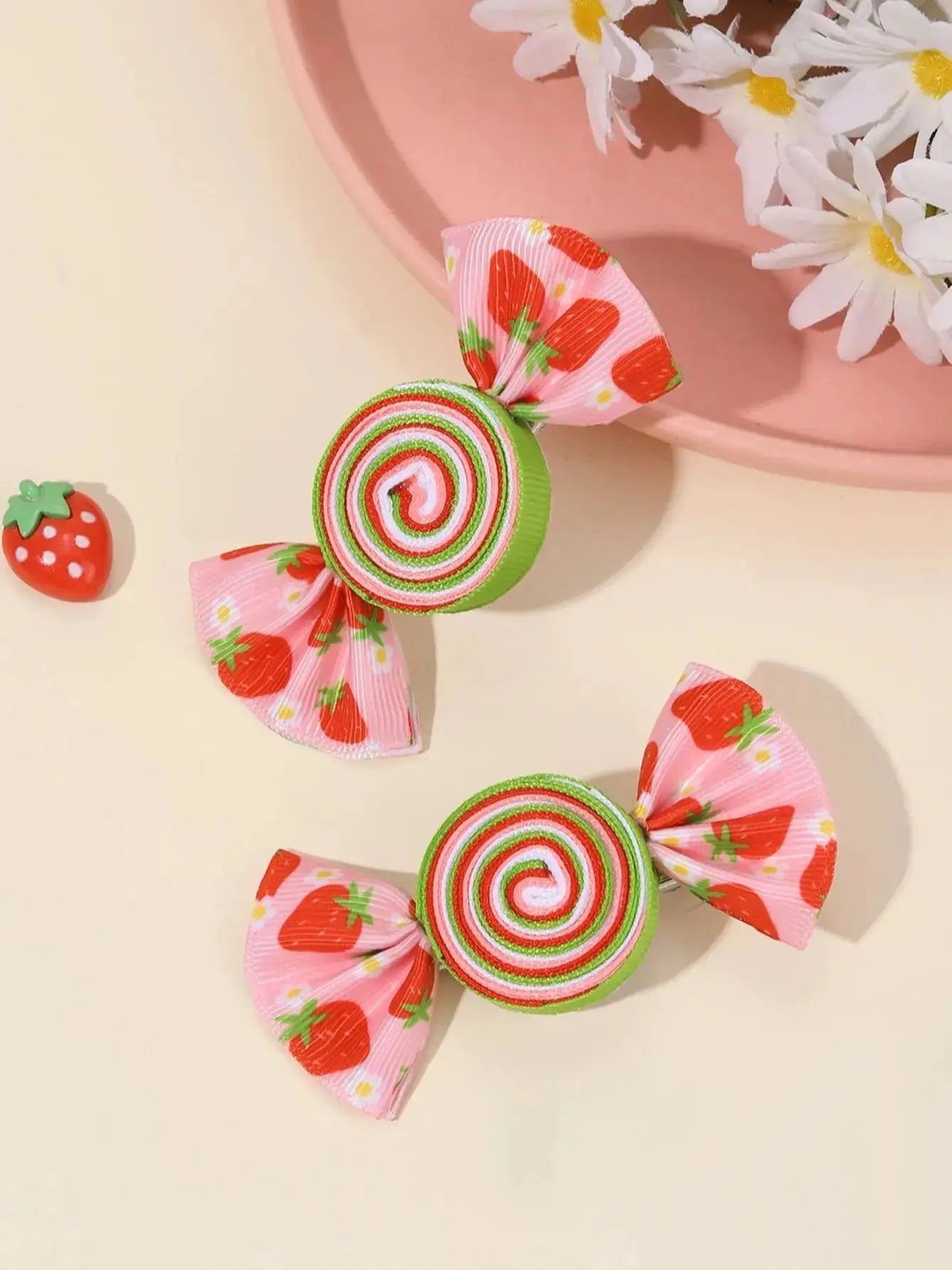 2Pcs Candy Bow Hair Clips Sweet Strawberry Heart Print Hairpins Rainbow Barrette For Girls Kids Children Headwear Accessories