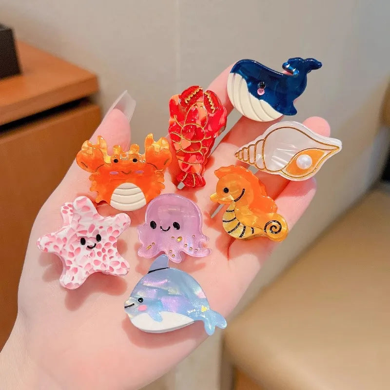 Fashion Cartoon Marine Small Animal Hairpins Cute Small Delicate Acetate Pan Hairpins Horsetail Half-tied Shark Clips Hair Claw octopus whale crab starfish seahorse shell lobster dolphin holidays beach party