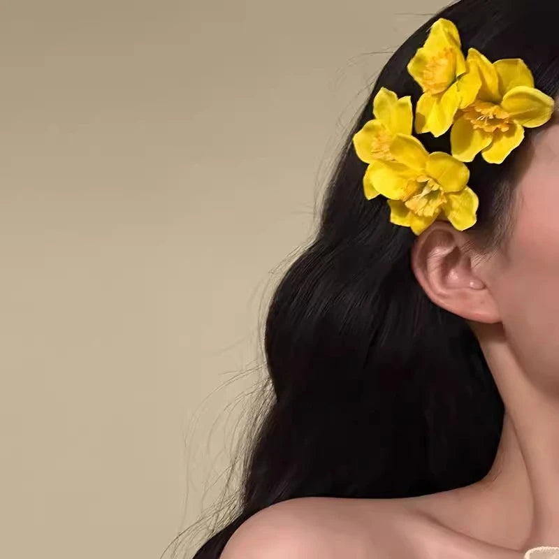 Sweet Yellow Pink White Double Flowers Hair Clips Side Clip Barrette for Women Girl Beach Wedding Flower Hairclip Accessory Caribbean hair Hawaii  cruise holiday ladies