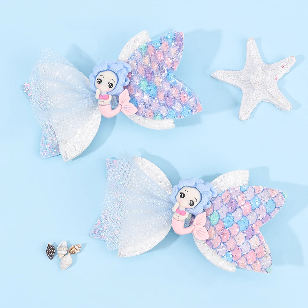 2Pcs Cartoon Mermaid Hair Clips Glitter Bow Hairpin Sparkly Barrette For Girls Children Summer Beach Headdress Hair Accessories