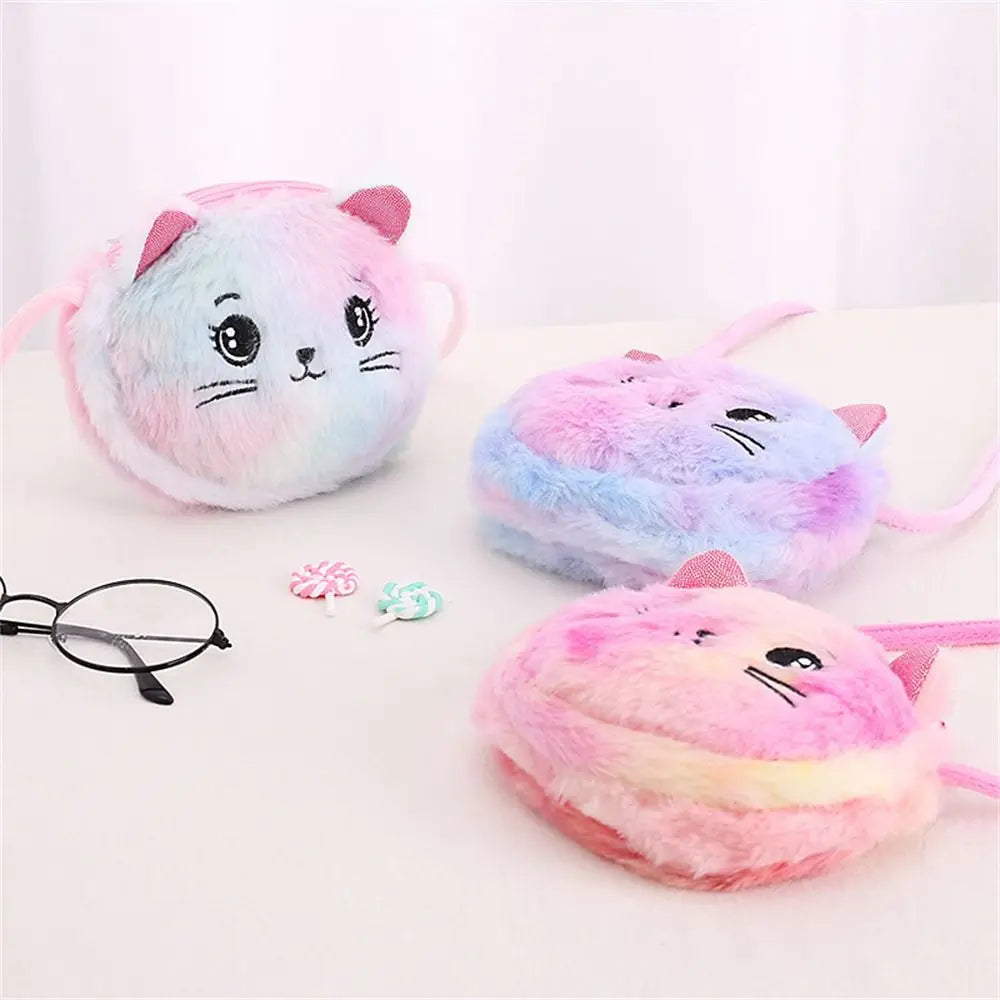 Rainbow Colour Cat Messenger Shoulder Bag Purse for Kids Mini Lovely Pockets Plush Stuffed Dolls Soft Handbags Gift for Girls little cute holiday bag