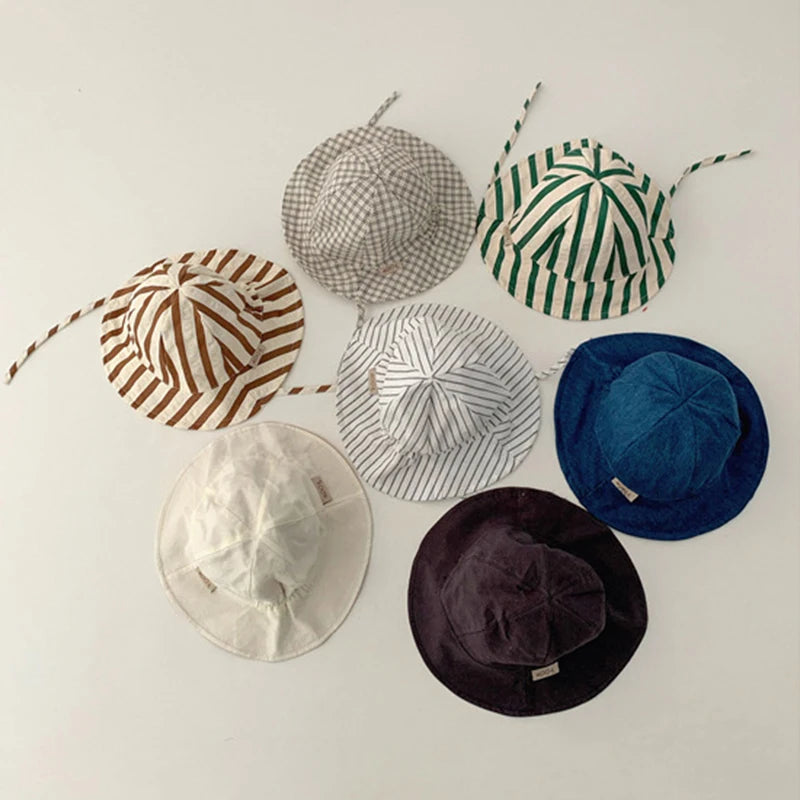 Double Sided Baby Bucket Hat Solid Color Striped Plaid Fisherman Cap for Infant Panama Bonnet Summer Kids Sun Visor Hats 6 month to 18 month