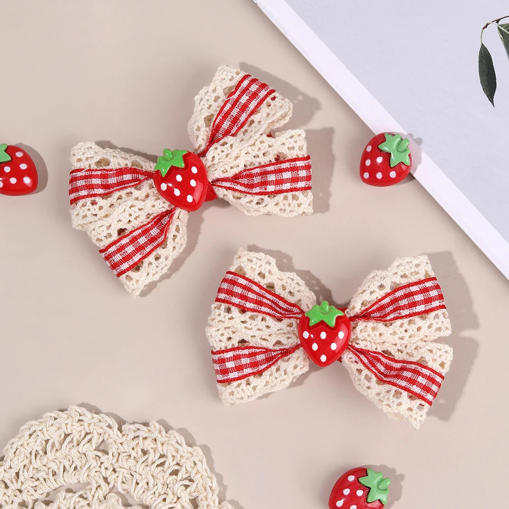 2Pcs Retro Strawberry Bow Hair Clips For Girls Sweet Lace-trim Plaid Hairpins Children Daily Korean Headwear Hair Accessories party holiday pretty hair