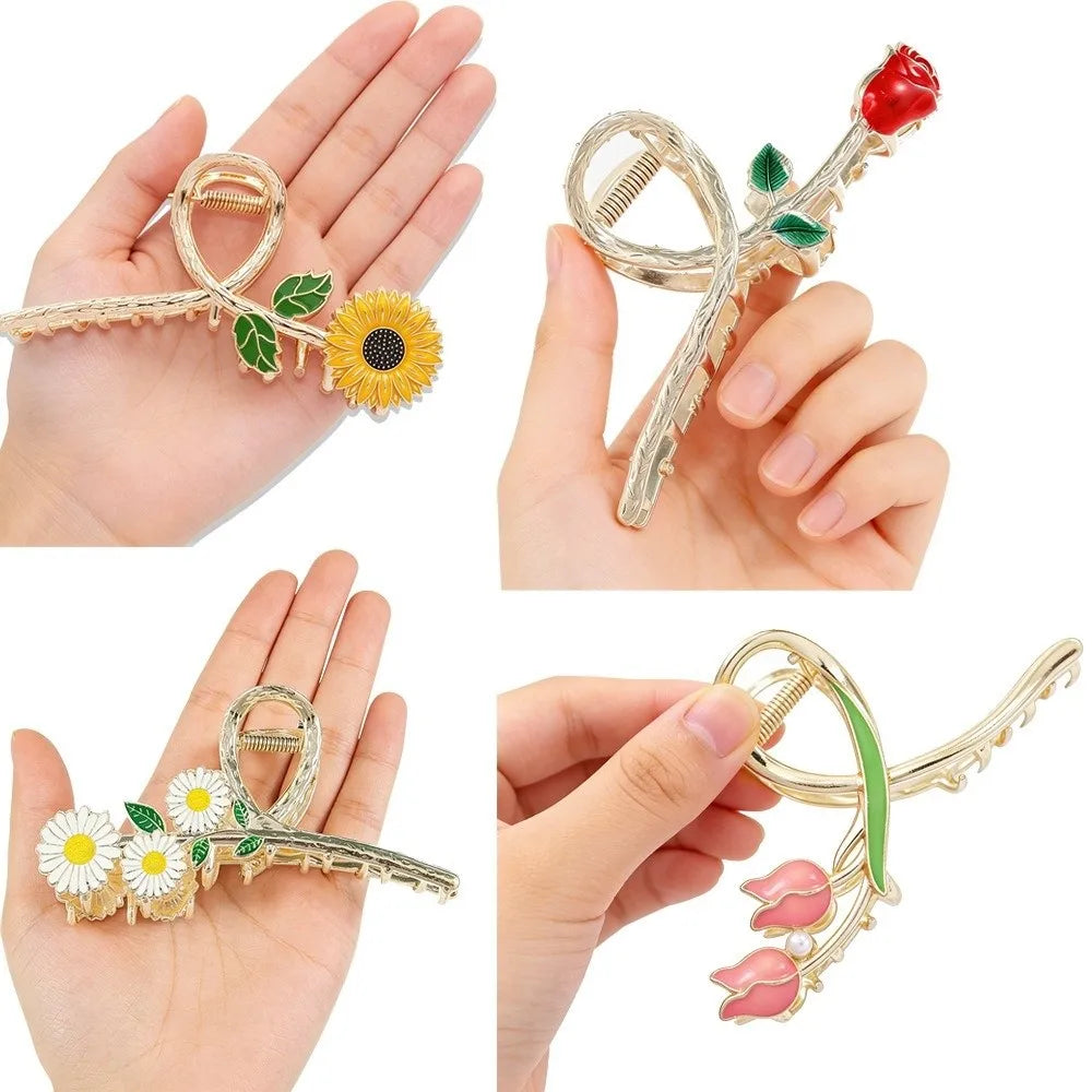 Fashion Metal Flower Hair Clips Exquisite Lily Tulip Rose Shark Clip Advanced Non-Slip Hair Claw Hair Accessories