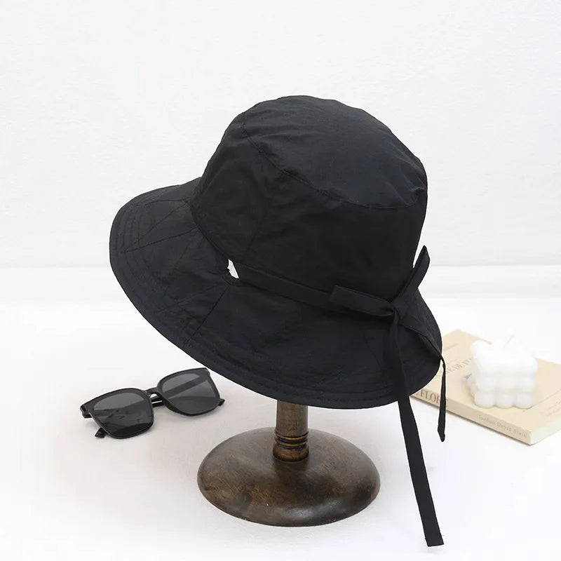 Women Lace-up Bowknot Sunscreen Fisherman Hat Large Brim Summer Anti-UV Strap Bucket Caps Korean Girl Travel Beach Basin Caps