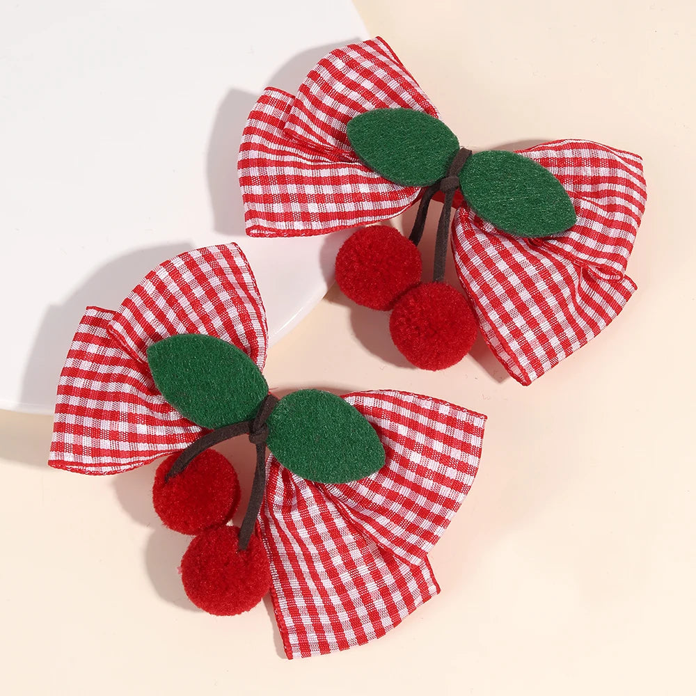 2Pcs Cherry Bow Hair Clips Strawberry Plaid Hairpin Sweet Fashion Barrette For Girls Children's Headdress  Kids school holidays Accessories cruise beach party