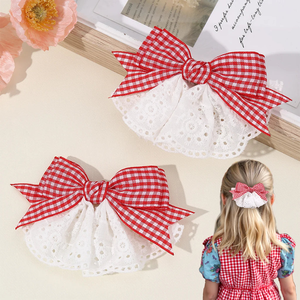 2Pcs New Korean Red Plaid Bow Hair Clips For Girls Cute White Lace Flower Hairpins Sweet Daily Trendy Headwear Hair Accessories