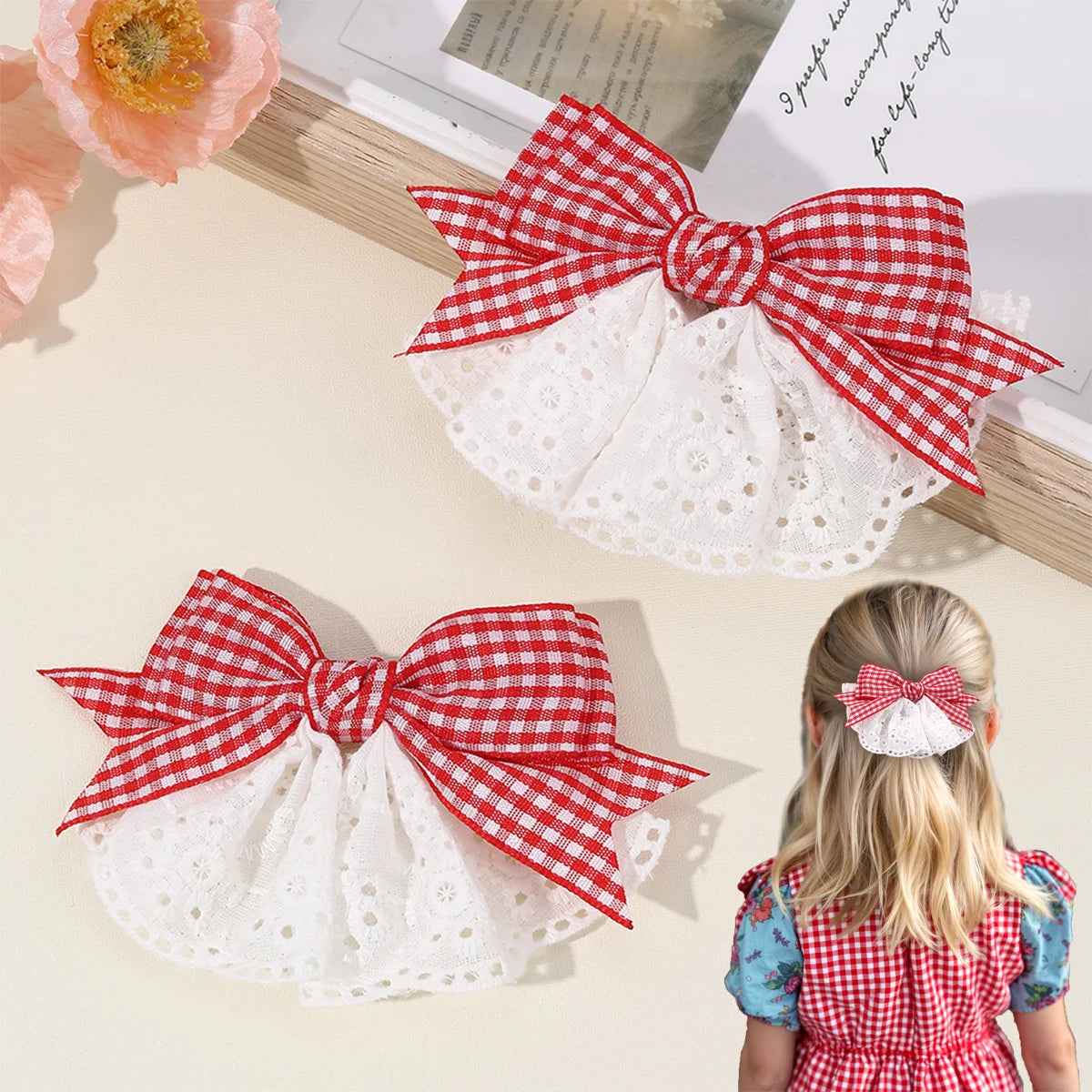 2Pcs New Korean Red Plaid Bow Hair Clips For Girls Cute White Lace Flower Hairpins Sweet Daily Trendy Headwear Hair Accessories