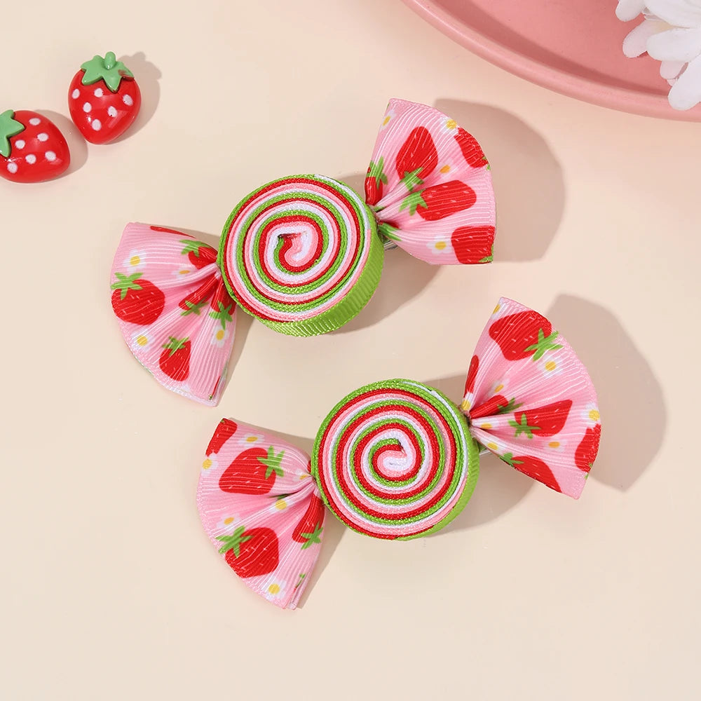 2Pcs Candy Bow Hair Clips Sweet Strawberry Heart Print Hairpins Rainbow Barrette For Girls Kids Children Headwear Accessories