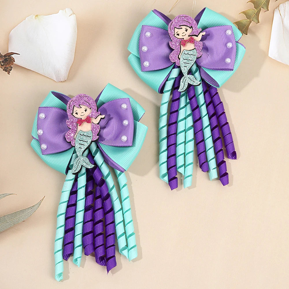 2Pcs Girls Mermaid Bow Hair Clips Cute Cartoon Mermaid Pearls Hairpins Octopus Curled Grosgrain Ribbon Barrette Hair Accessories
