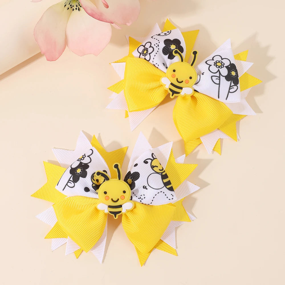2Pcs Cartoon Floral Print Bow Hairpin Elegant Soft Gel Bee Hair Clip Back To School For Baby Girl Children Accessories Headdress