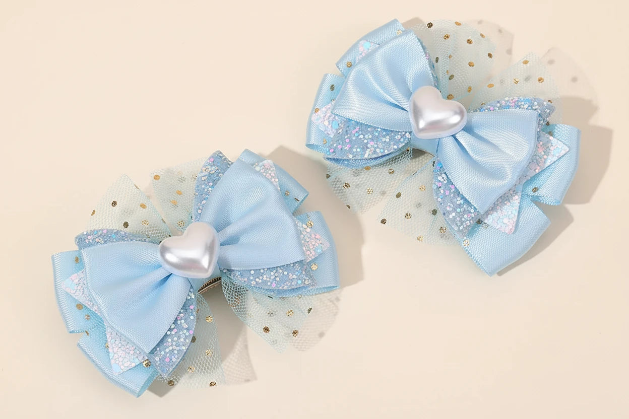 2Pcs Trendy Chiffon Bow Hair Clips For Girls Mesh Dot Hairpins Glitter Three-Tier Bownot Barrette Children Headwear Accessories
