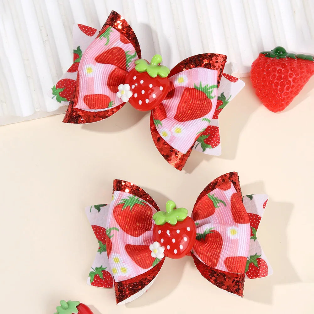 2pcs/Pack Sparkling Fruit Shaped 3D Strawberry Decoration Leather Hair Clips for Girls, Toddler Girl Hair Accessories Headwear