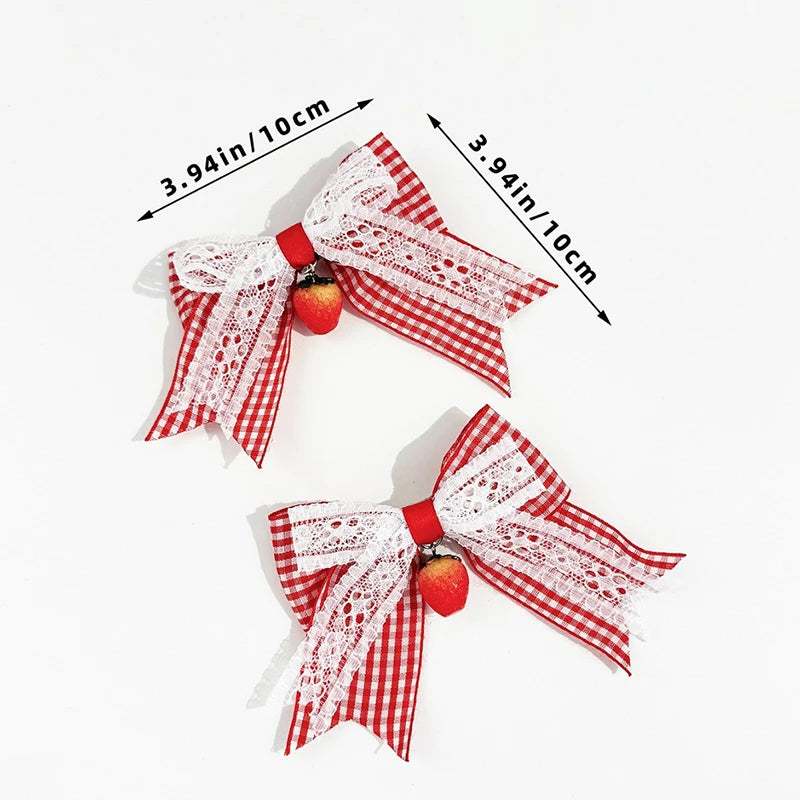 Red Bow Hair Clips Fashion Plaid Stripes Hairpins Strawberry Cherry Barrettes Sweet Lace Headwear Princess Kids Hair Accessories