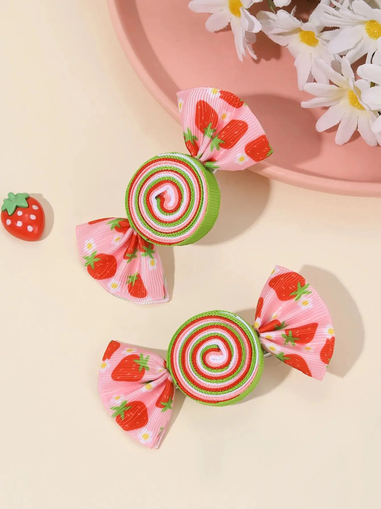 2Pcs Candy Bow Hair Clips Sweet Strawberry Heart Print Hairpins Rainbow Barrette For Girls Kids Children Headwear Accessories