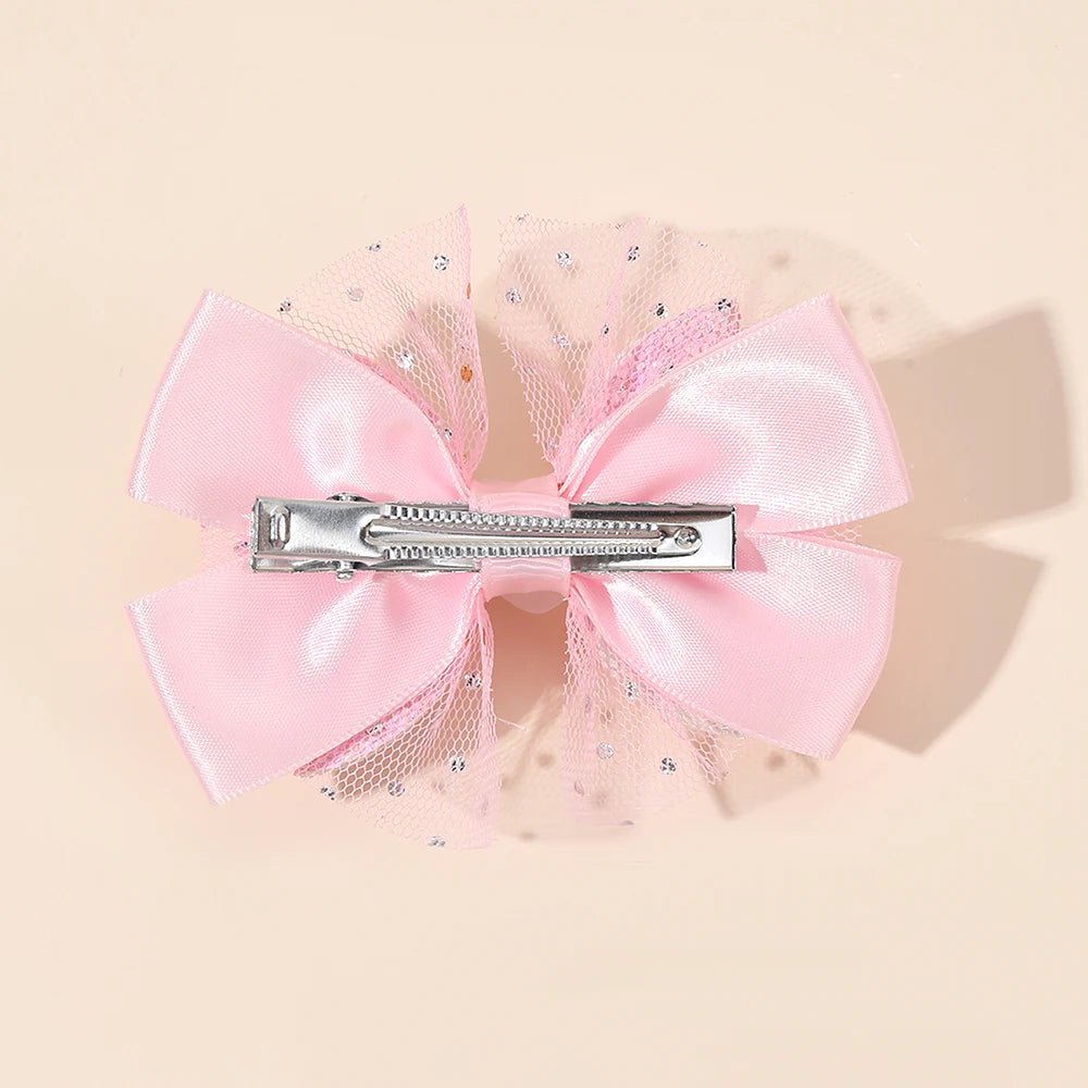 2Pcs Trendy Chiffon Bow Hair Clips For Girls Mesh Dot Hairpins Glitter Three-Tier Bownot Barrette Children Headwear Accessories