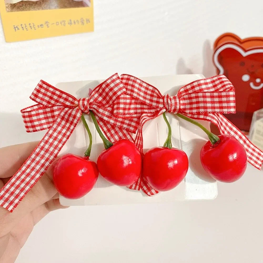 1pair Cute Red Cherry Hair Clip Cloth Bow Headflower Strawberry Side Hairpins Barrettes Headwear Bow Hairpins Girls