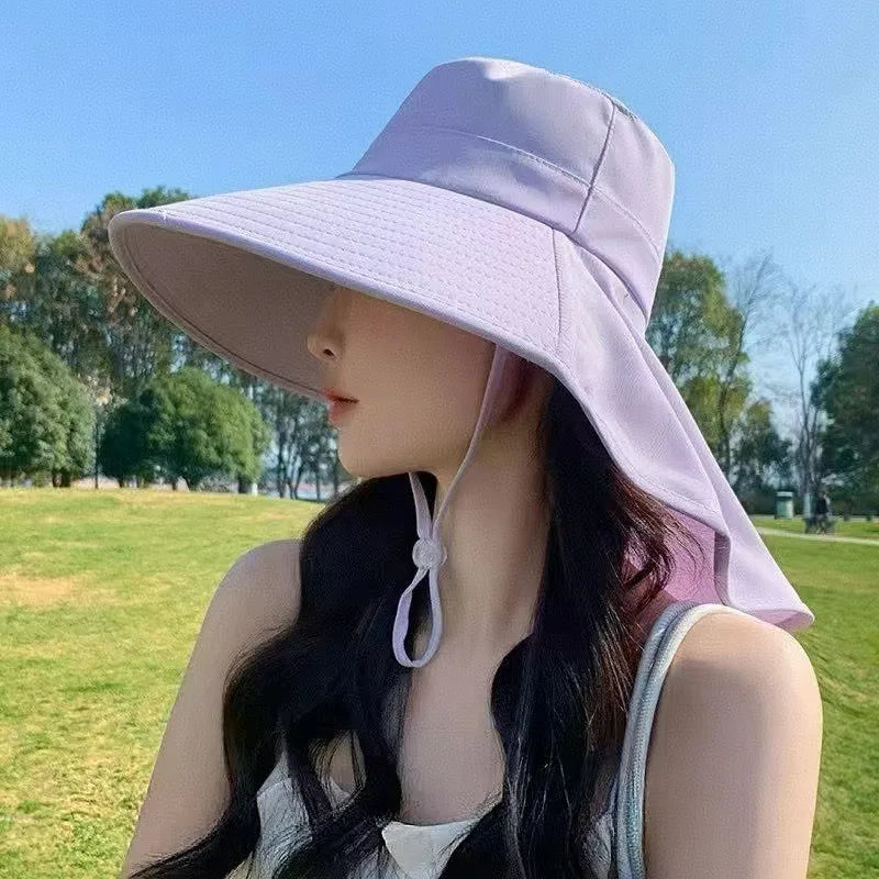 Women Large Brim UV Protection Sun Hat Summer Fiing Cap Breathable Outdoor Fishing Hiking Wide Brim Shawl Sunscreen Ponytail Cap