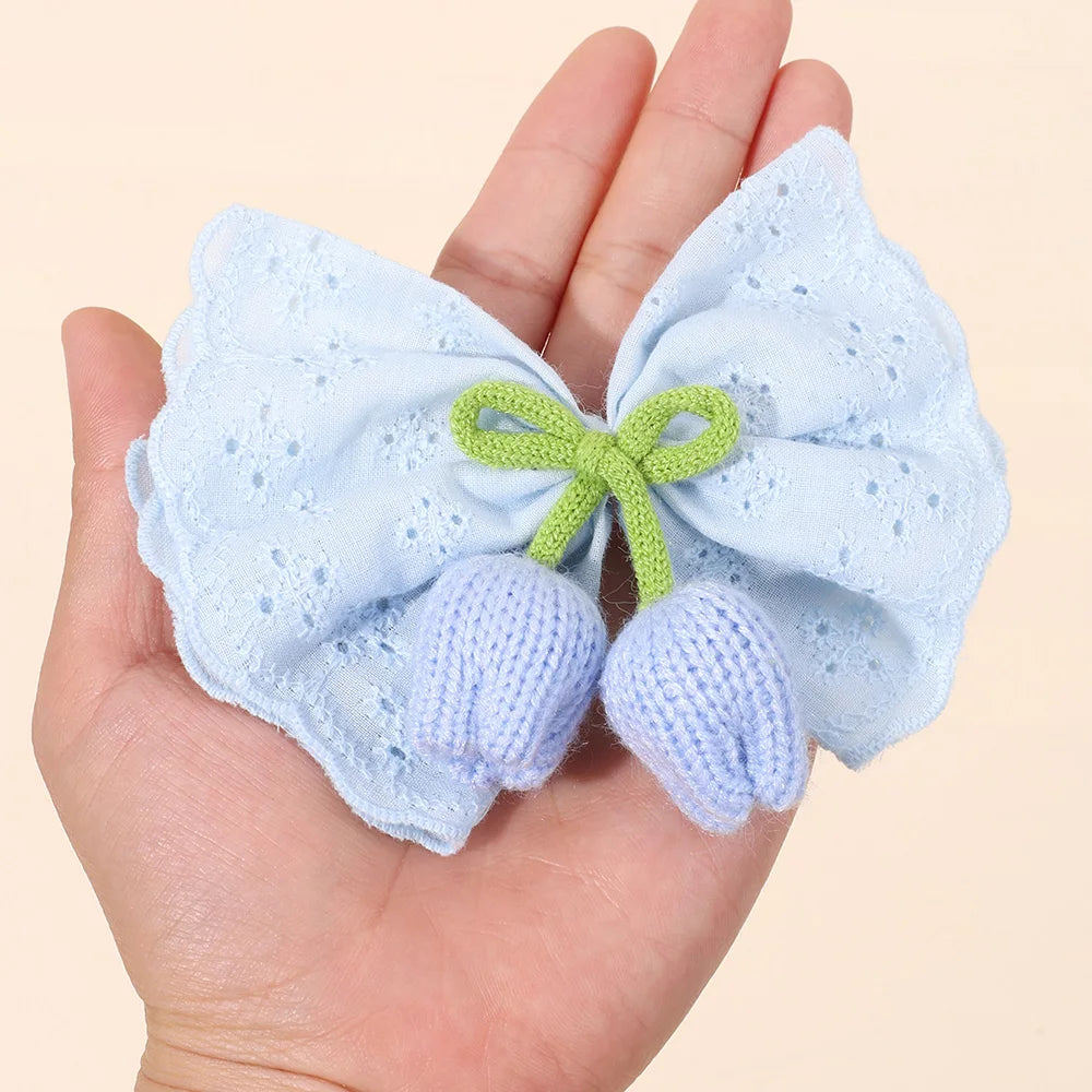 Knitted Tulip Bow Hair Clips Pure Cotton Crochet Flower Hairpin Hollow Out Floral Embroidery Design Barrette Hair Accessories beautiful Amsterdam trip