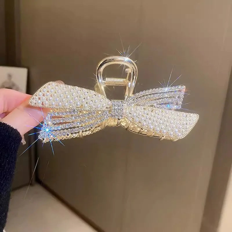 Women's Hair Claw Clip  Pearl Rhinestone Bow Shiny Metal For Girls ladies very pretty
