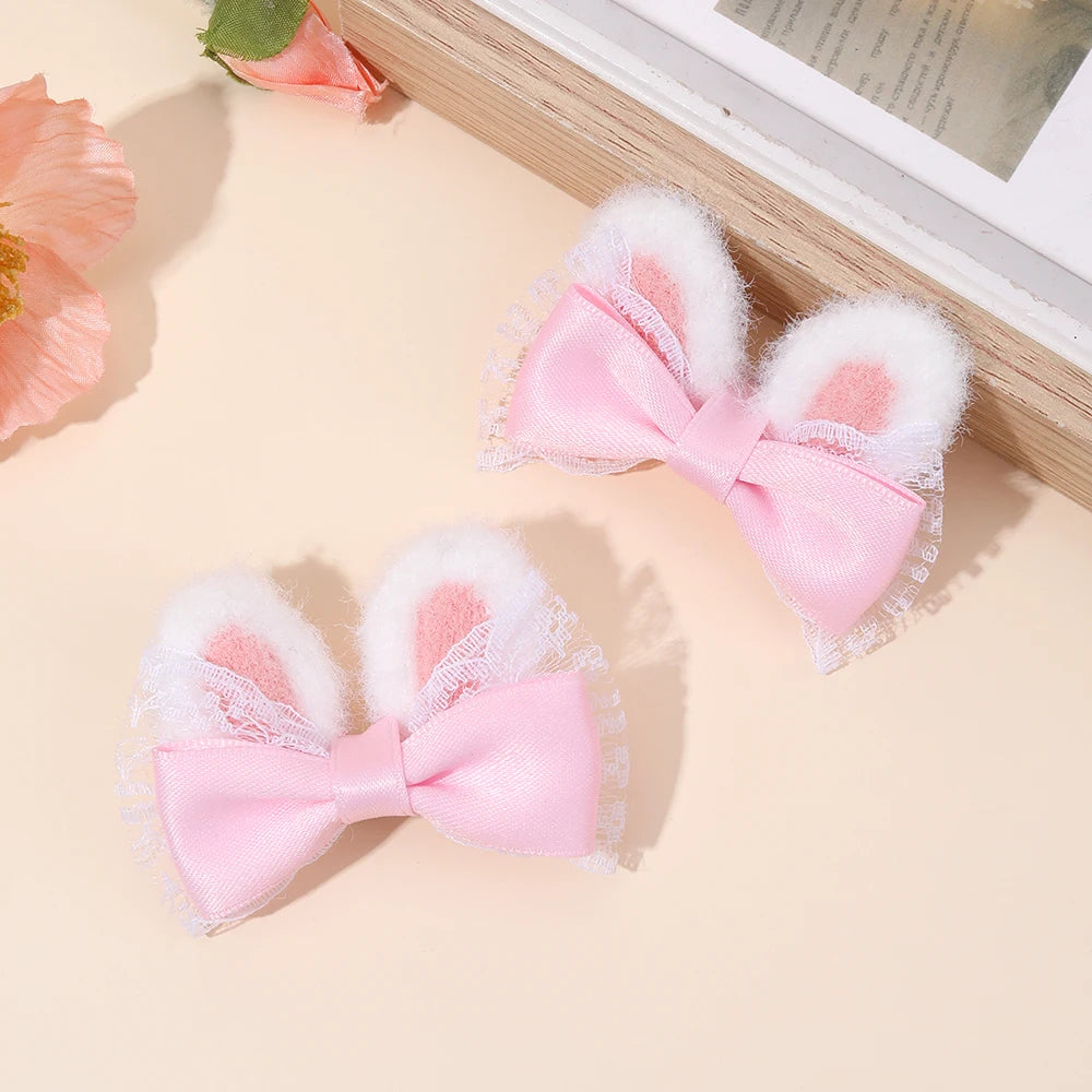2Pcs Cute Rabbit Ear Bow Hair Clips For Girls Sweet Plush Ear Barrette Children Daily Party Cosplay Headwear Hair Accessories bunny Easter wear spring summer pink blue yellow beautiful  dress up