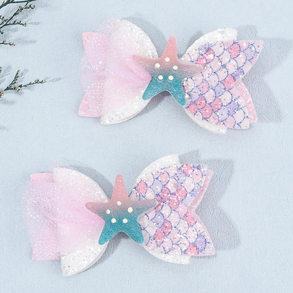 2Pcs Cartoon Mermaid Hair Clips Glitter Bow Hairpin Sparkly Barrette For Girls Children Summer Beach Headdress Hair Accessories