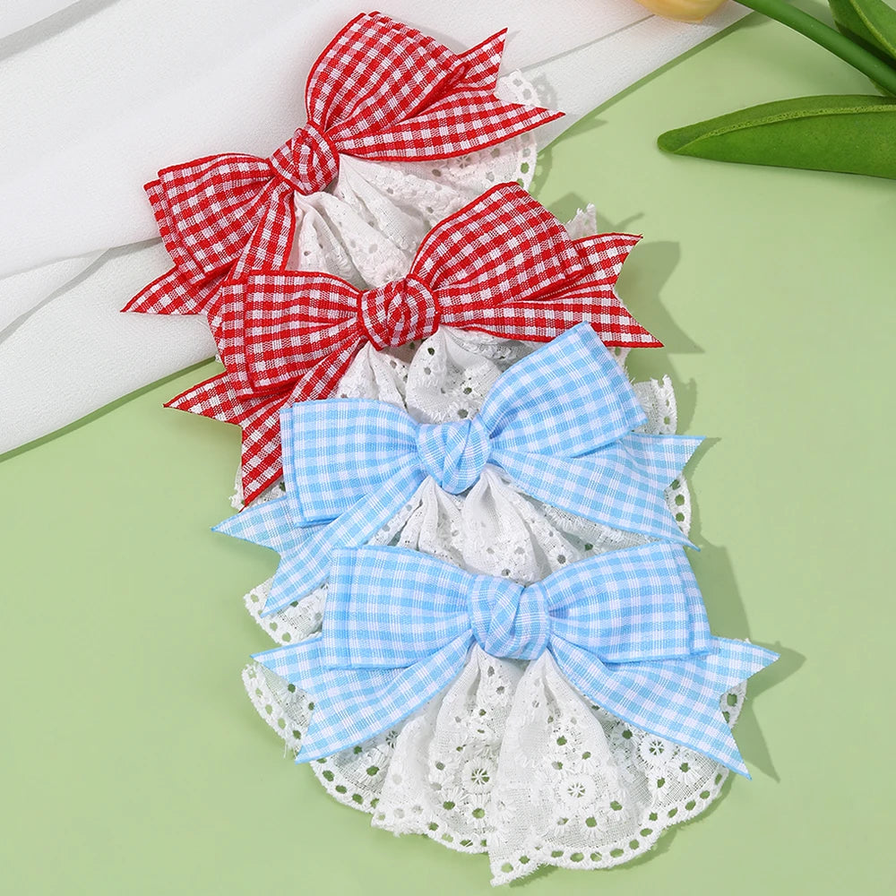 2Pcs New Korean Red Plaid Bow Hair Clips For Girls Cute White Lace Flower Hairpins Sweet Daily Trendy Headwear Hair Accessories