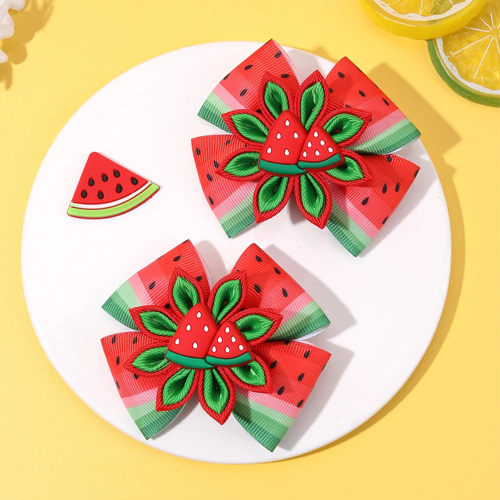 2Pcs Watermelon Bow Hair Clip Cute Fruit Flower Hairpin Ribbon Barrette For Girls Children Summer Headwear Headdress Accessories