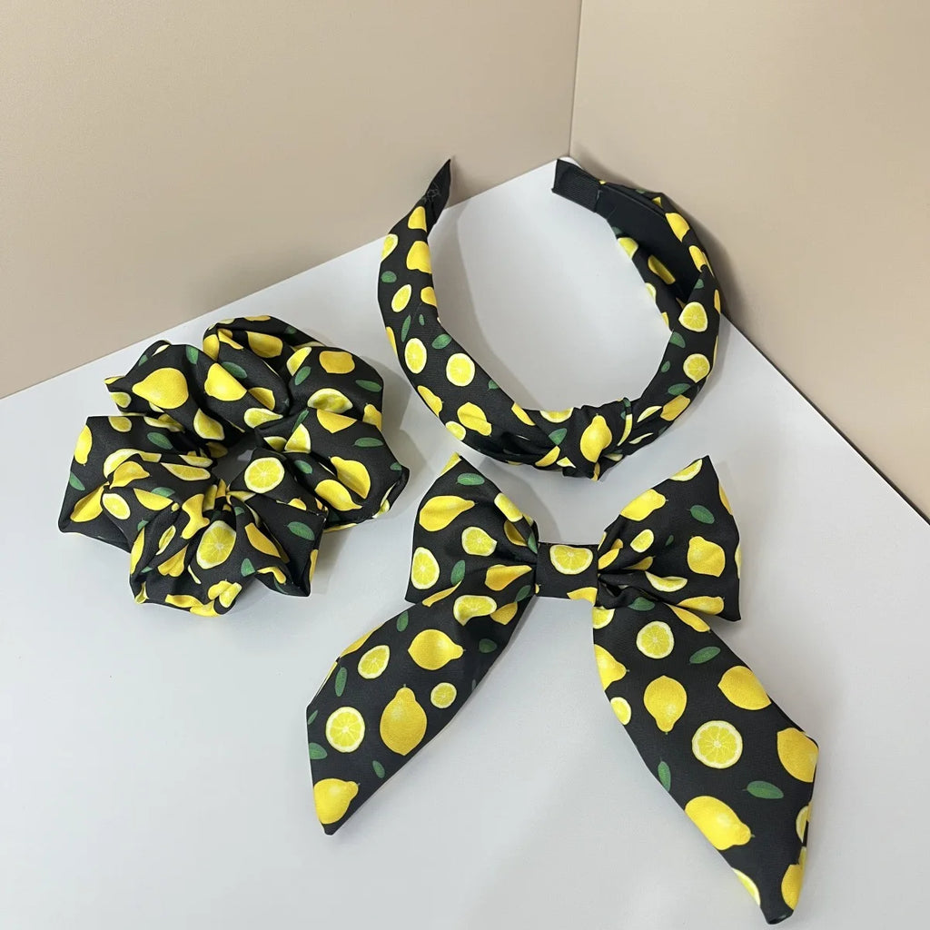 3PCS Fabric Solid Color Flower Fruit Pattern Lemon Orange Cherry Wide Knot Hairband Hair Accessories Set