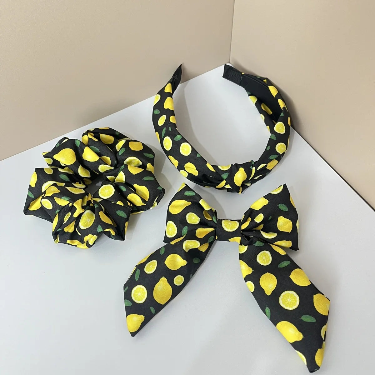 3PCS Fabric Solid Color Flower Fruit Pattern Lemon Orange Cherry Wide Knot Hairband Hair Accessories Set