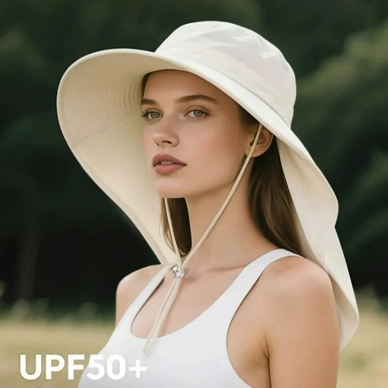 Women Large Brim UV Protection Sun Hat Summer Fiing Cap Breathable Outdoor Fishing Hiking Wide Brim Shawl Sunscreen Ponytail Cap