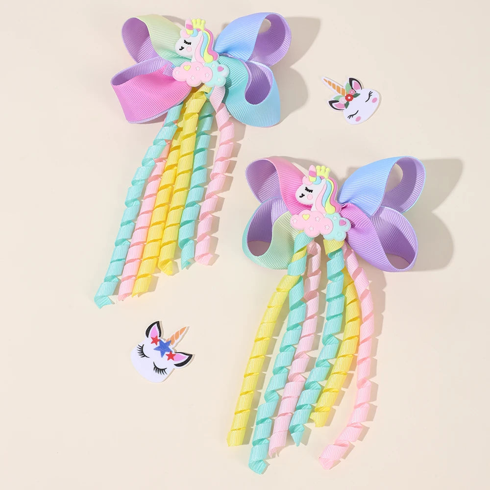 2Pcs Girls Mermaid Bow Hair Clips Cute Cartoon Mermaid Pearls Hairpins Octopus Curled Grosgrain Ribbon Barrette Hair Accessories