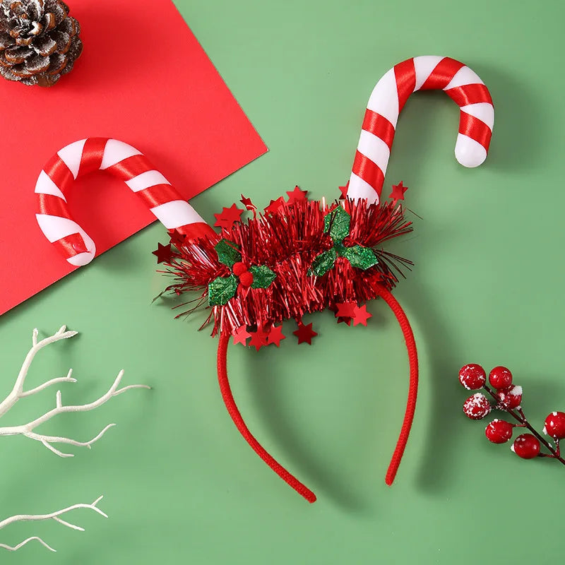 Christmas Candy Cane Headband LED Festive Party Hair Hoop Costume Headwear Glitter Tinsel Hairband Novelty Holiday Photo Prop