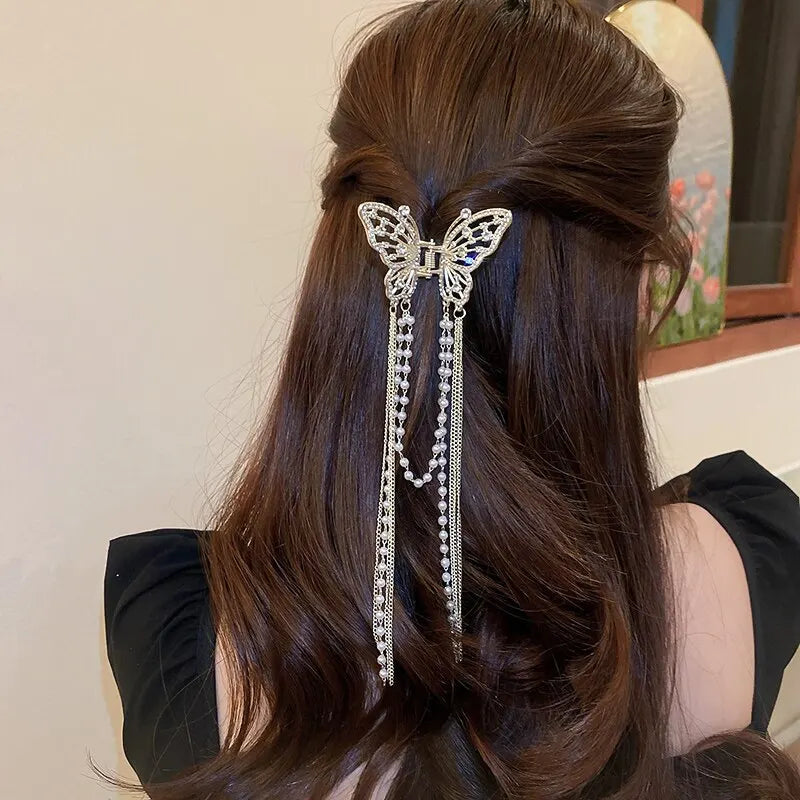 Butterfly Hair Clip With Long Tassel Hair Accessories For Women Elegant Imitation Pearl Rhinestone Shark Hairpins Jewelry K-