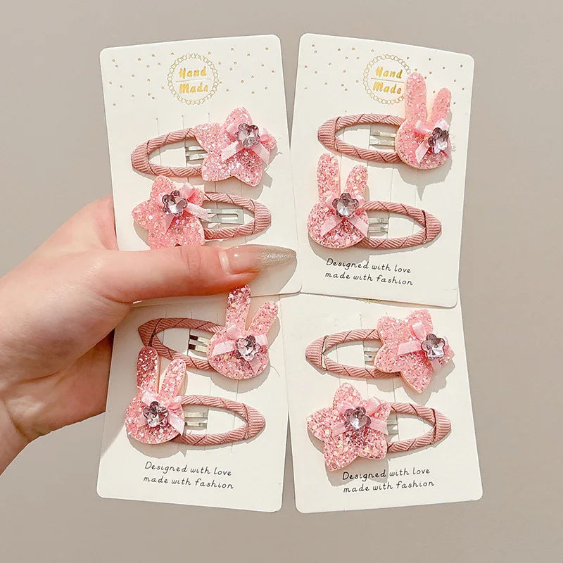 Pink Shiny Rhinestone Rabbit Headwear Baby Girl Sequin Star Hair Clips Elastic Rubber Bands Sweet Princess Kids Hair Accessories