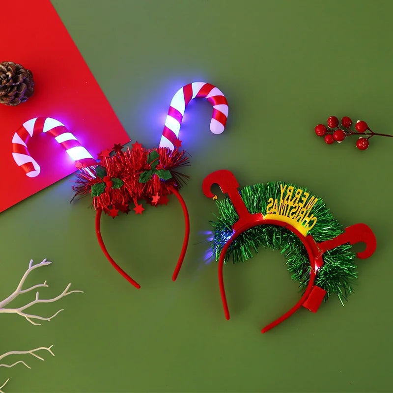 Christmas Candy Cane Headband LED Festive Party Hair Hoop Costume Headwear Glitter Tinsel Hairband Novelty Holiday Photo Prop