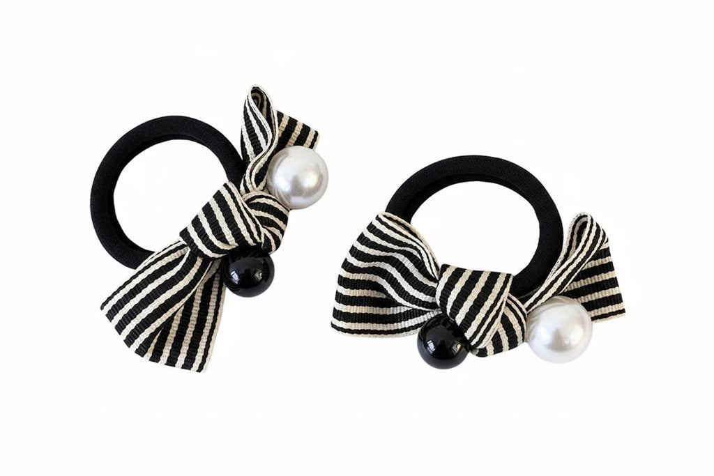 Simple Beach Hair Accessories Scrunchies bobbles  for Hair Woman Accesories Pearl Striped Bow Girls Cute Items New Headwear Apparel black pearl white pearl